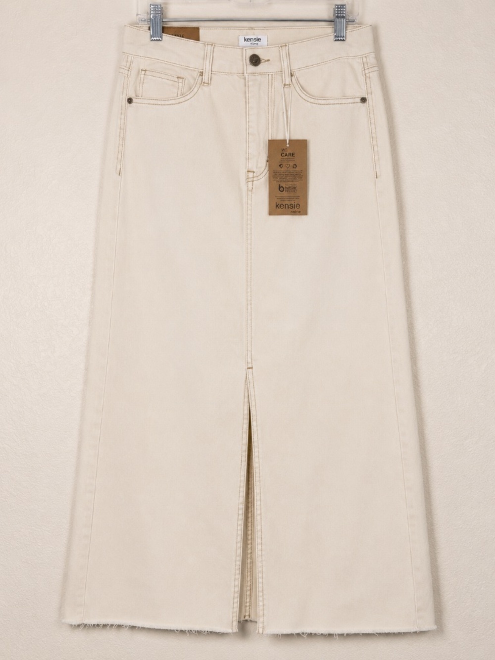 NWT Kensie Jeans Vintage Luxe High Rise Midi Denim Skirt 4/27 Natural